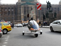 GyroMotion – a gyroplane that can fly as well as drive on regular roads. Pictured on Wenceslas Square in Prague here. Credit: AGN systems ltd.