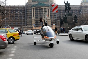 GyroMotion – a gyroplane that can fly as well as drive on regular roads. Pictured on Wenceslas Square in Prague here. Credit: AGN systems ltd.