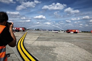 All the Memorial Flight aircraft are lining up for a celebratory water salute at Bucharest Baneasa airport.