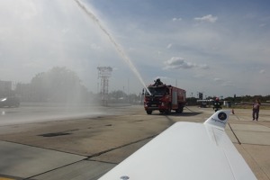All the Memorial Flight aircraft are lining up for a celebratory water salute at Bucharest Baneasa airport